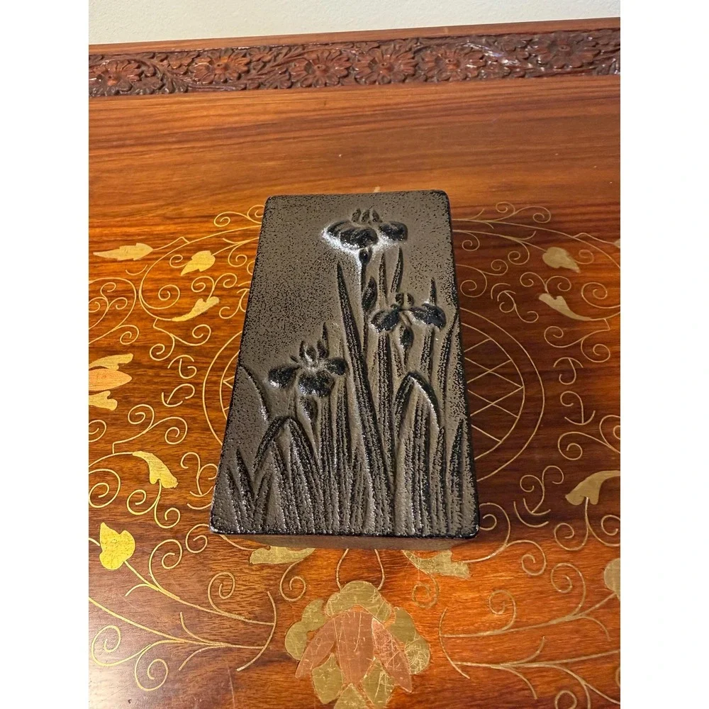 Vintage Cast‎ Iron Jewelry Box with Iris Relief Design